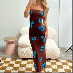 Elegant Strapless Brown and Blue Butterfly Dress